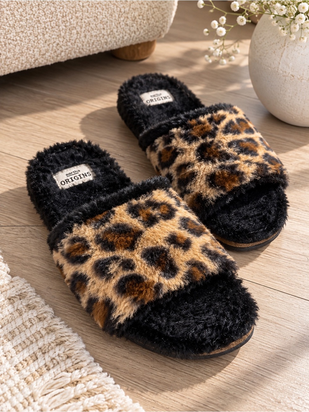 Earth Origins Leopard Print Faux Fur Slide Slippers Black Brown Cozy